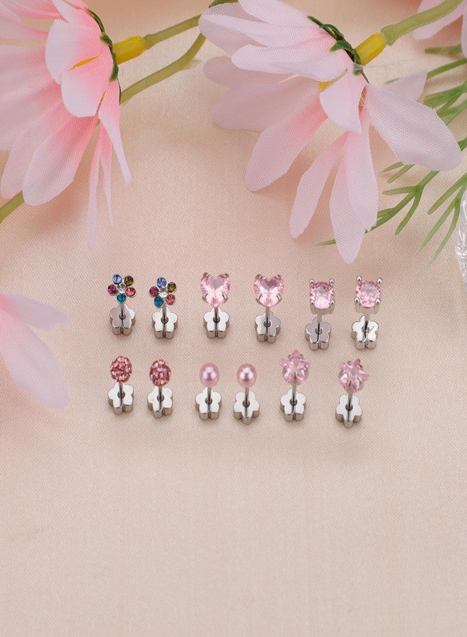 Staligue 8 Pairs Flower Back Earrings for Women Men Hypoallergenic Surgical Steel Earrings Pearl Flower Star Heart 20G Flat Back Cartilage Earrings Set (Pinky) - Image 4